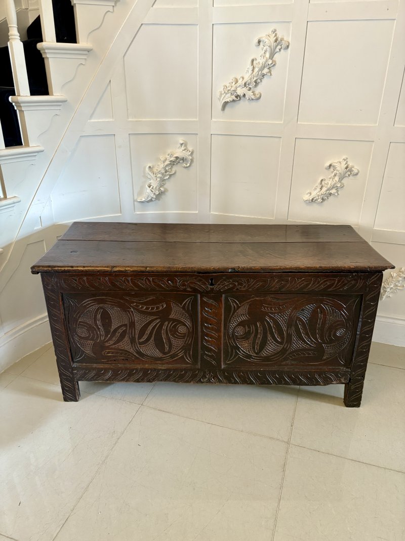 Antique 17th Century Quality Carved Oak Coffer - Image 3